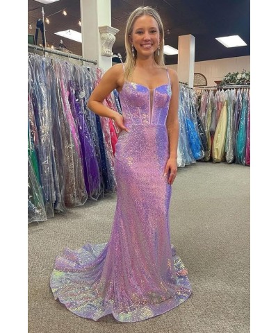 Spaghetti Straps Prom Dresses for Women 2024 Glitter Sequin Mermaid Backless Prom Evening Gowns Rose Gold $29.25 Dresses