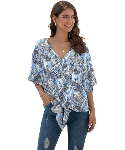 Womens Tie Front Chiffon Blouses V Neck Batwing Short Sleeve Summer Tops Shirts Cashew Blue $13.76 Blouses