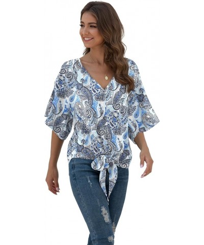 Womens Tie Front Chiffon Blouses V Neck Batwing Short Sleeve Summer Tops Shirts Cashew Blue $13.76 Blouses