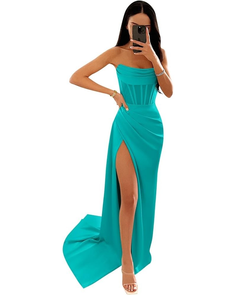 Women's Strapless Corset Satin Prom Dress Long Ball Gown with Slit Mermaid Evening Formal Gown Turquoise $27.30 Dresses