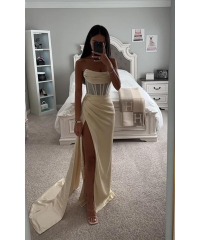 Women's Strapless Corset Satin Prom Dress Long Ball Gown with Slit Mermaid Evening Formal Gown Turquoise $27.30 Dresses