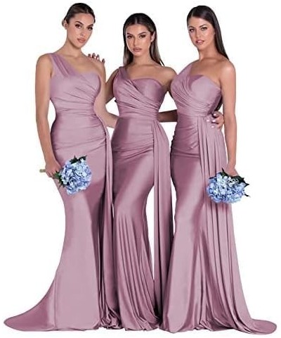 One Shoulder Mermaid Bridesmaid Dresses for Wedding Long Ruched Bodycon Prom Evening Party Gowns with Slit Mauve $30.00 Dresses