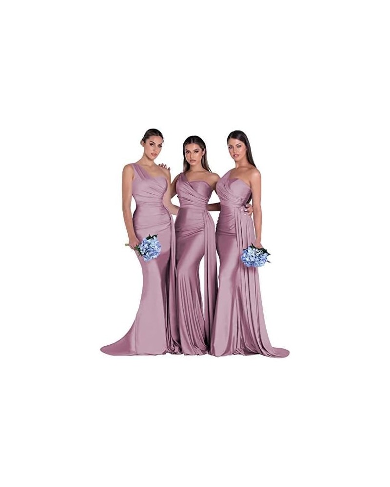 One Shoulder Mermaid Bridesmaid Dresses for Wedding Long Ruched Bodycon Prom Evening Party Gowns with Slit Mauve $30.00 Dresses