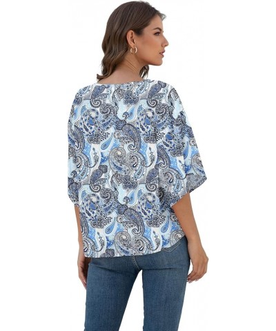 Womens Tie Front Chiffon Blouses V Neck Batwing Short Sleeve Summer Tops Shirts Cashew Blue $13.76 Blouses