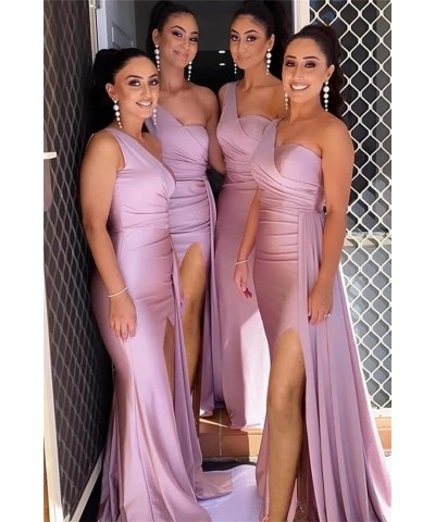 One Shoulder Mermaid Bridesmaid Dresses for Wedding Long Ruched Bodycon Prom Evening Party Gowns with Slit Mauve $30.00 Dresses