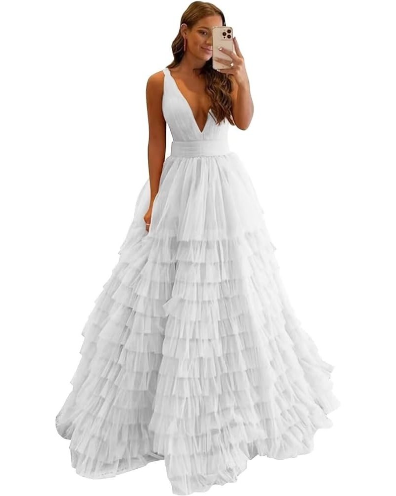 Tiered Tulle Prom Dresses for Women Long V Neck Ball Gown Ruffle Layered Formal Evening Dress White $35.52 Dresses