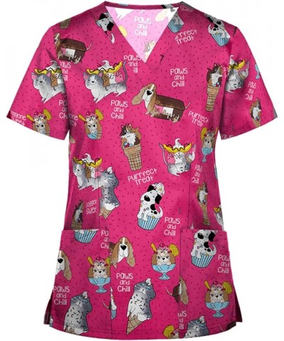 Womens Nurse Cute Scrubs Animal Printed Plus Size Stretch Cartoon Kawaii Nurse Scrubs Tops with Pockets (S-5XL) 04-hot Pink $...