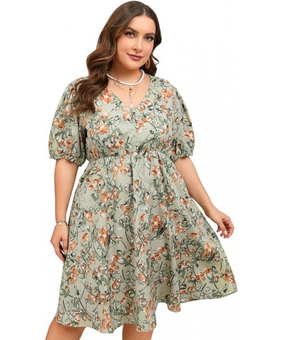 Plus Size Summer Dress Womens Plus Size V Neck Floral Dress Puff Sleeve Flowy Dress with Pockets Green Flower $17.81 Dresses