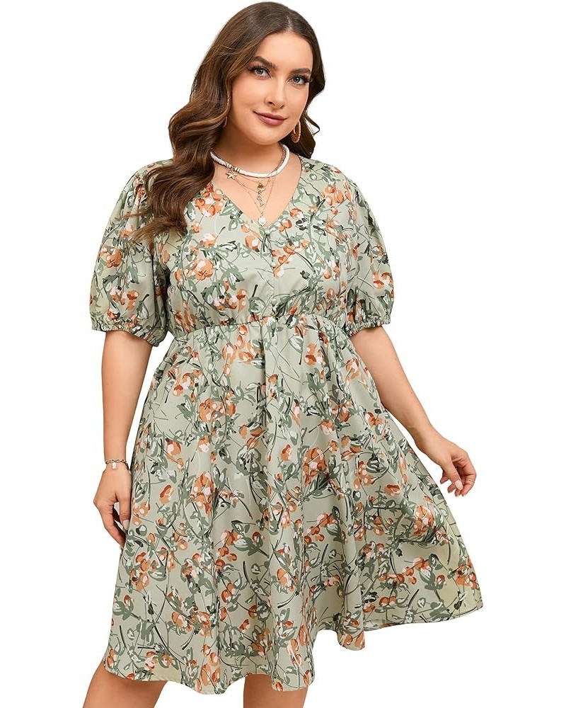 Plus Size Summer Dress Womens Plus Size V Neck Floral Dress Puff Sleeve Flowy Dress with Pockets Green Flower $17.81 Dresses