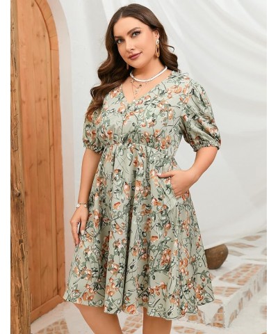 Plus Size Summer Dress Womens Plus Size V Neck Floral Dress Puff Sleeve Flowy Dress with Pockets Green Flower $17.81 Dresses