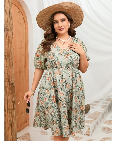 Plus Size Summer Dress Womens Plus Size V Neck Floral Dress Puff Sleeve Flowy Dress with Pockets Green Flower $17.81 Dresses