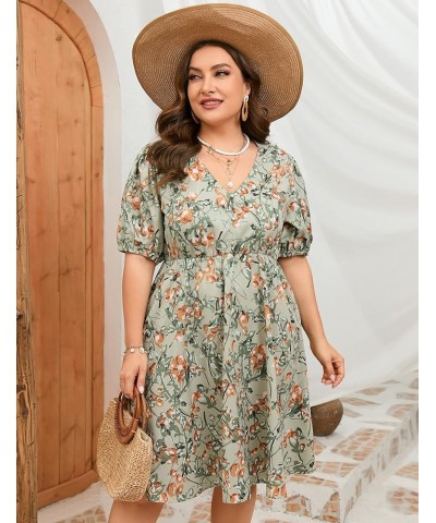 Plus Size Summer Dress Womens Plus Size V Neck Floral Dress Puff Sleeve Flowy Dress with Pockets Green Flower $17.81 Dresses