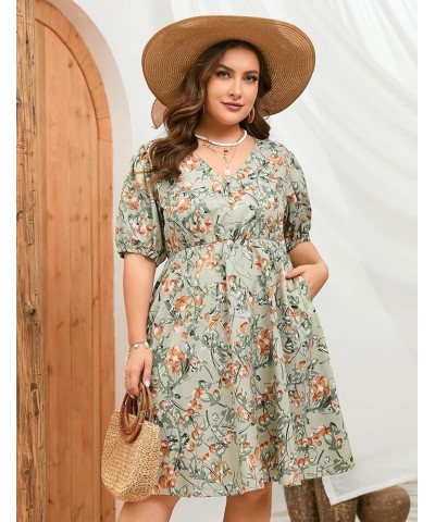 Plus Size Summer Dress Womens Plus Size V Neck Floral Dress Puff Sleeve Flowy Dress with Pockets Green Flower $17.81 Dresses