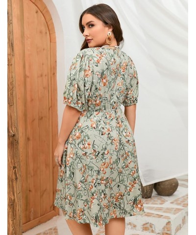 Plus Size Summer Dress Womens Plus Size V Neck Floral Dress Puff Sleeve Flowy Dress with Pockets Green Flower $17.81 Dresses