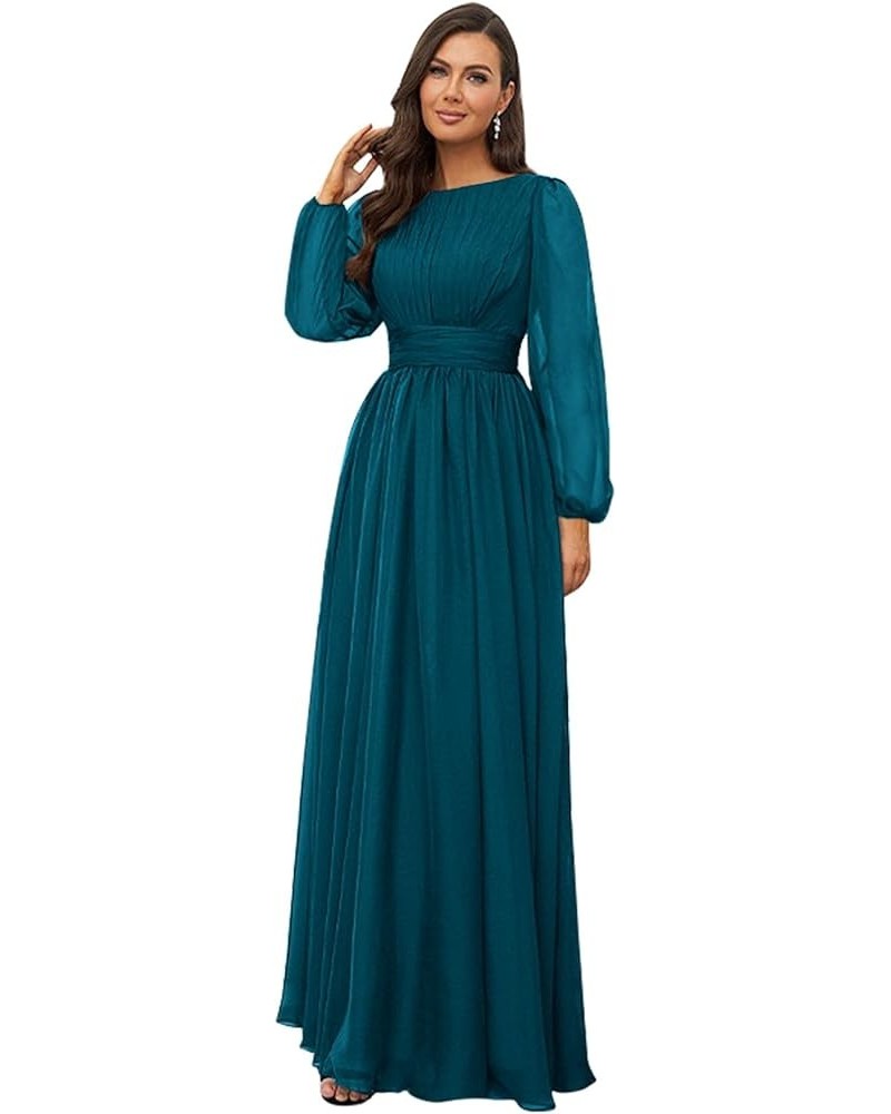 Long Sleeve Bridesmaid Dresses for Wedding Women Chiffon Long Corset Pleated Prom Formal Evening Dress Peacock $26.65 Dresses