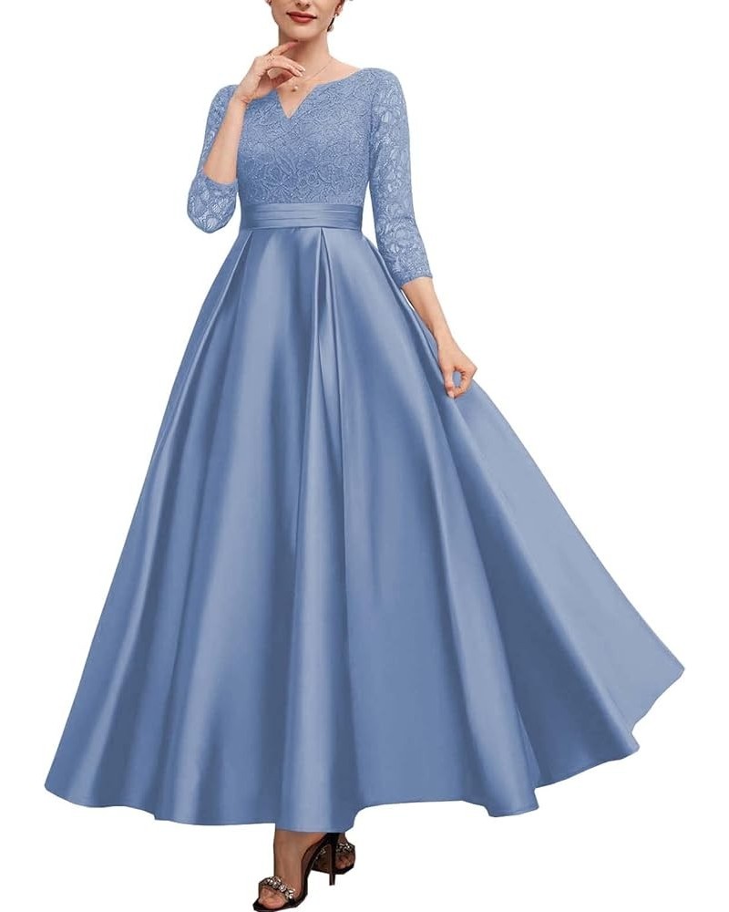 Mother of The Bride Dresses with Sleeves Lace Wedding Guest Dresses for Women Satin Formal Evening Gowns V Neck 076 Slate Blu...