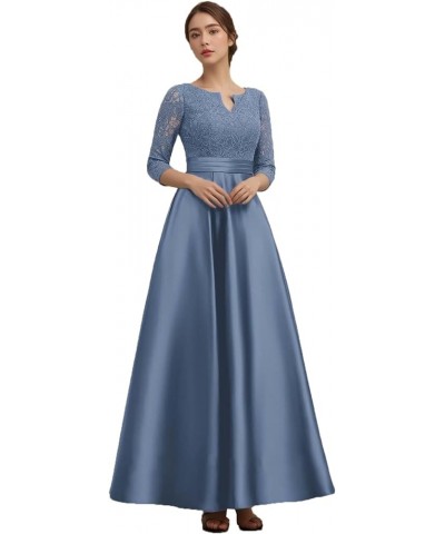 Mother of The Bride Dresses with Sleeves Lace Wedding Guest Dresses for Women Satin Formal Evening Gowns V Neck 076 Slate Blu...