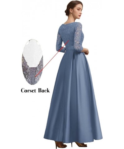 Mother of The Bride Dresses with Sleeves Lace Wedding Guest Dresses for Women Satin Formal Evening Gowns V Neck 076 Slate Blu...