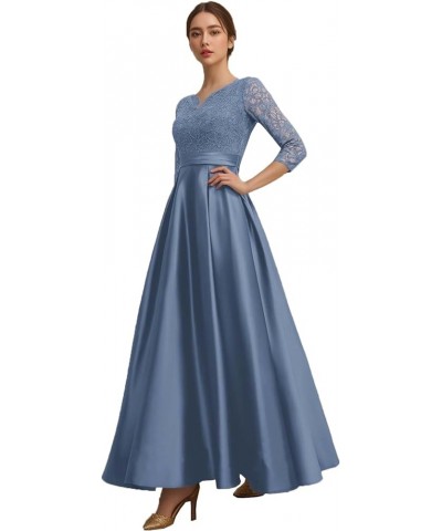 Mother of The Bride Dresses with Sleeves Lace Wedding Guest Dresses for Women Satin Formal Evening Gowns V Neck 076 Slate Blu...