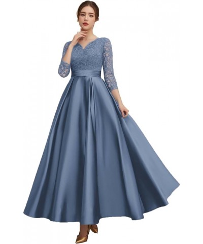 Mother of The Bride Dresses with Sleeves Lace Wedding Guest Dresses for Women Satin Formal Evening Gowns V Neck 076 Slate Blu...