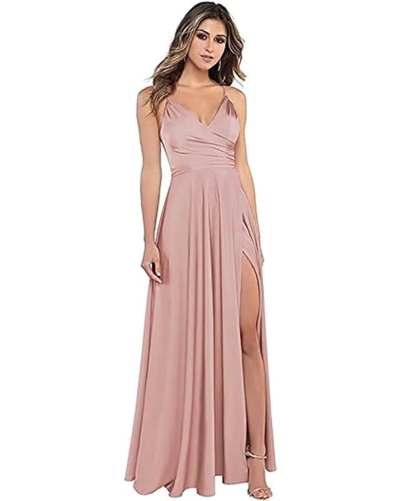 Women's Spaghetti Strap Bridesmaid Dresses with Slit Long A-Line V Neck Satin Formal Evening Party Dress YJY18 Dusty Rose $43...