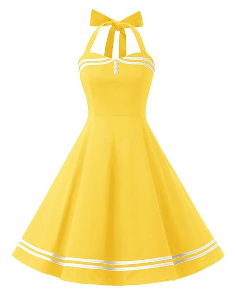 1950 Style Dresses for Women Vintage 50's Halter Dresses Retro Gingham Polka Dot Pin Up Dresses Yellow $10.06 Dresses