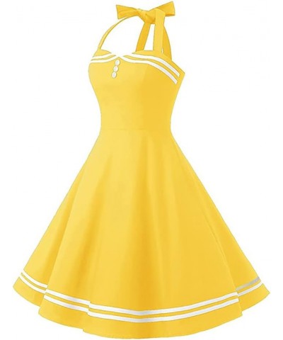 1950 Style Dresses for Women Vintage 50's Halter Dresses Retro Gingham Polka Dot Pin Up Dresses Yellow $10.06 Dresses