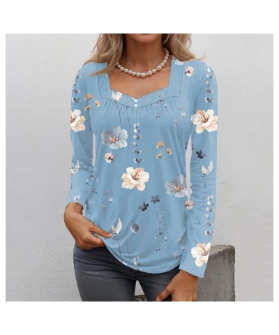 Long Sleeve Tunic Tops For Women, 2024 Spring Trendy Casual Square Neck Top Loose Fitted Vintage Floral Print Shirts B-light ...