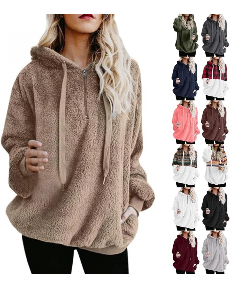 Fuzzy Hoodies for Women Half Zip Sherpa Fleece Oversized Hooded Sweatshirt Quarter Zip Pullover with Pockets C-multicolor $8....