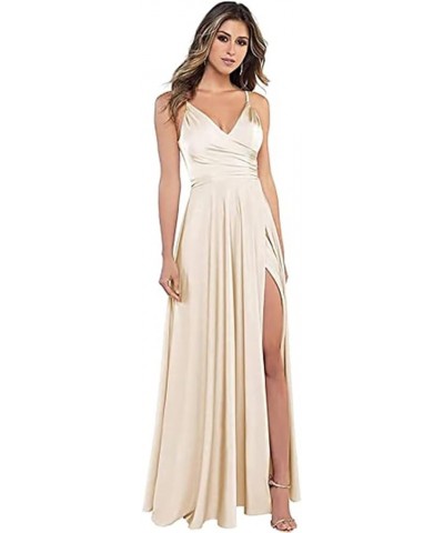 Women's Spaghetti Strap Bridesmaid Dresses with Slit Long A-Line V Neck Satin Formal Evening Party Dress YJY18 Dusty Rose $43...