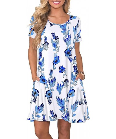 Women's Summer Casual T Shirt Dresses Short Sleeve Swing Dress with Pockets 5 Blue White $16.05 Dresses