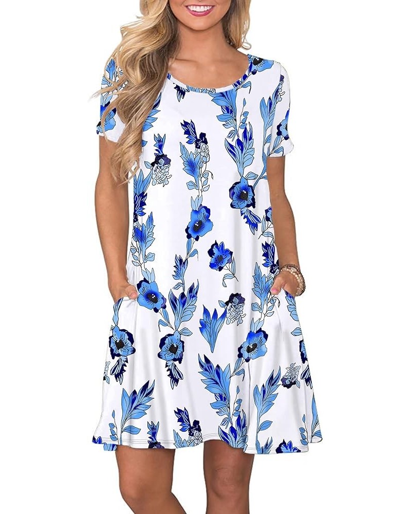 Women's Summer Casual T Shirt Dresses Short Sleeve Swing Dress with Pockets 5 Blue White $16.05 Dresses