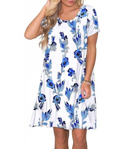 Women's Summer Casual T Shirt Dresses Short Sleeve Swing Dress with Pockets 5 Blue White $16.05 Dresses