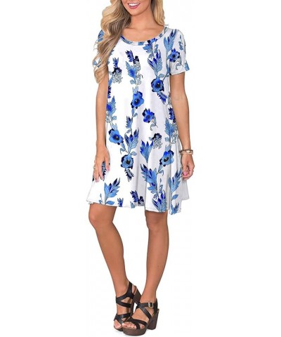 Women's Summer Casual T Shirt Dresses Short Sleeve Swing Dress with Pockets 5 Blue White $16.05 Dresses