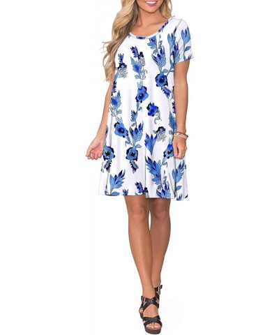 Women's Summer Casual T Shirt Dresses Short Sleeve Swing Dress with Pockets 5 Blue White $16.05 Dresses