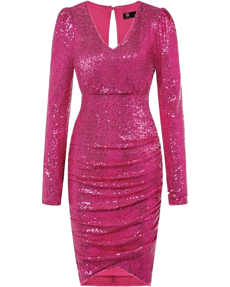 Women Sequin Party Dress V Neck Puff Long Sleeve Ruched Bodycon Glitter Dress for Women Sexy Hot Pink $11.00 Dresses