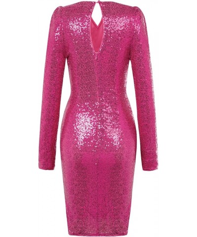 Women Sequin Party Dress V Neck Puff Long Sleeve Ruched Bodycon Glitter Dress for Women Sexy Hot Pink $11.00 Dresses