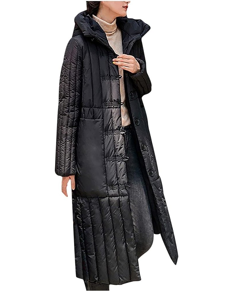 Winter Coats for Women Down Jacket Full Zip Belted Hooded Long Puffer Coat Quilted Maxi Parka Outerwear with Fur Hood A05_bla...