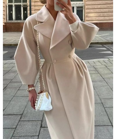 Womens Long Pea Coats Notched Collar Double Breasted Casual Pleated Wool Blend Coats Khaki $21.31 Coats