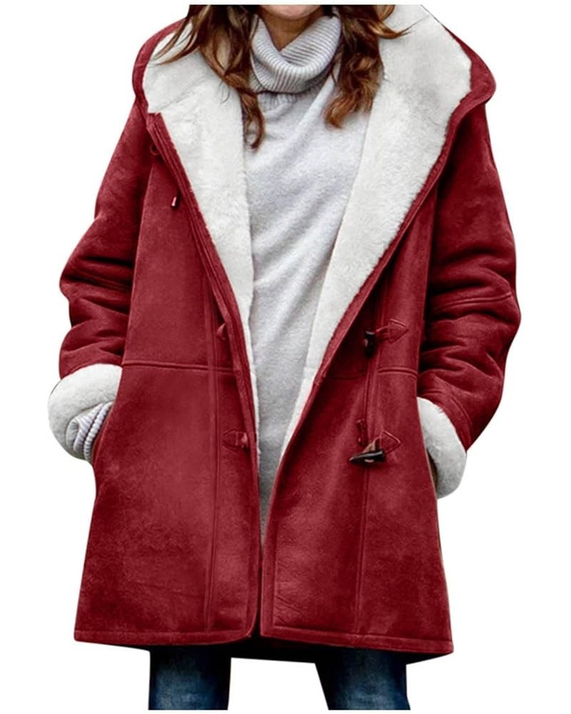 Womens Hooded Winter Jackets Button Down Warm Coats Solid Plaid Puffer Jacket Casual Trendy Trench Coat Outerwear Wine 01 $19...