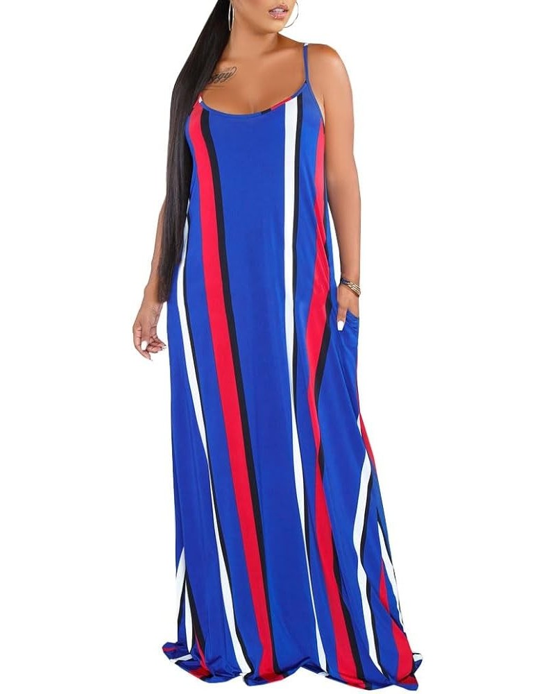 Womens Plus-Size Summer Bohemian Beach Sundress Spaghetti Strap Loose Long Maxi Dresses with Pockets Blue Plus Size Maxi Dres...