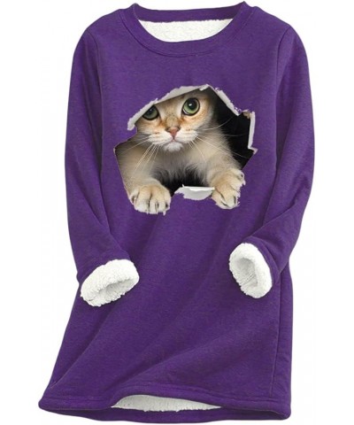 Womens Fleece Lined Cat Print Hoodies Oversized Long Sleeves Cowl Neck Pullover Fall Winter Casual Sweatshirt Purpe $17.33 Ho...