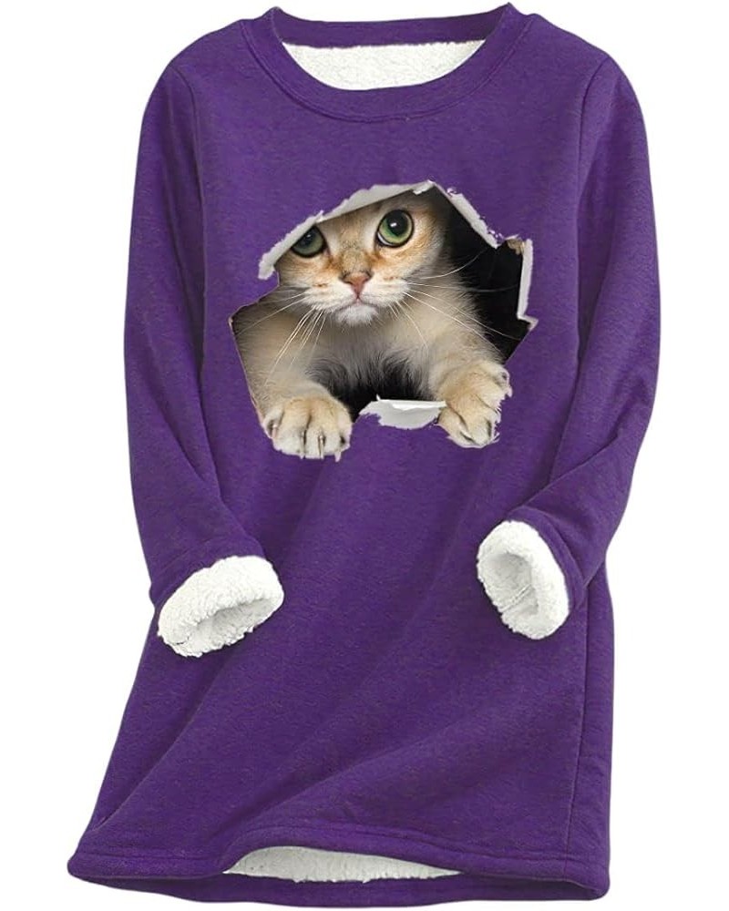 Womens Fleece Lined Cat Print Hoodies Oversized Long Sleeves Cowl Neck Pullover Fall Winter Casual Sweatshirt Purpe $17.33 Ho...