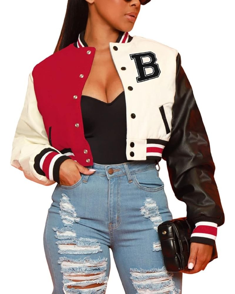 Women's Cropped Varsity Jacket Button Down Colorblock Baseball Bomber Coats Y2K Streetwear Colorblock Red $14.29 Jackets