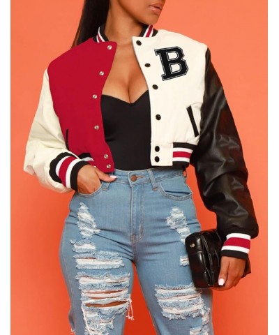 Women's Cropped Varsity Jacket Button Down Colorblock Baseball Bomber Coats Y2K Streetwear Colorblock Red $14.29 Jackets