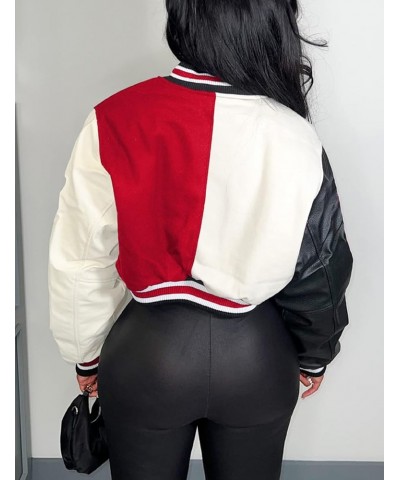 Women's Cropped Varsity Jacket Button Down Colorblock Baseball Bomber Coats Y2K Streetwear Colorblock Red $14.29 Jackets