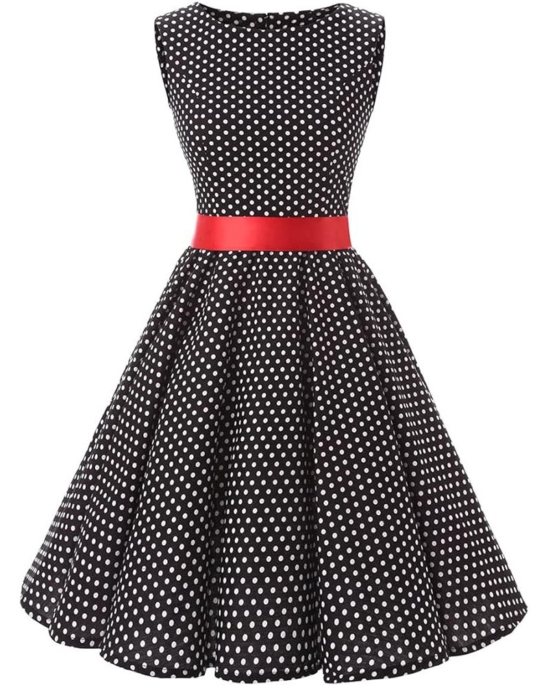 Women 50s 60s Vintage Sleeveless Cocktail Swing Dress 1950s Polka Dot Floral Audrey Rockabilly Prom Party Dress with Belt Bla...