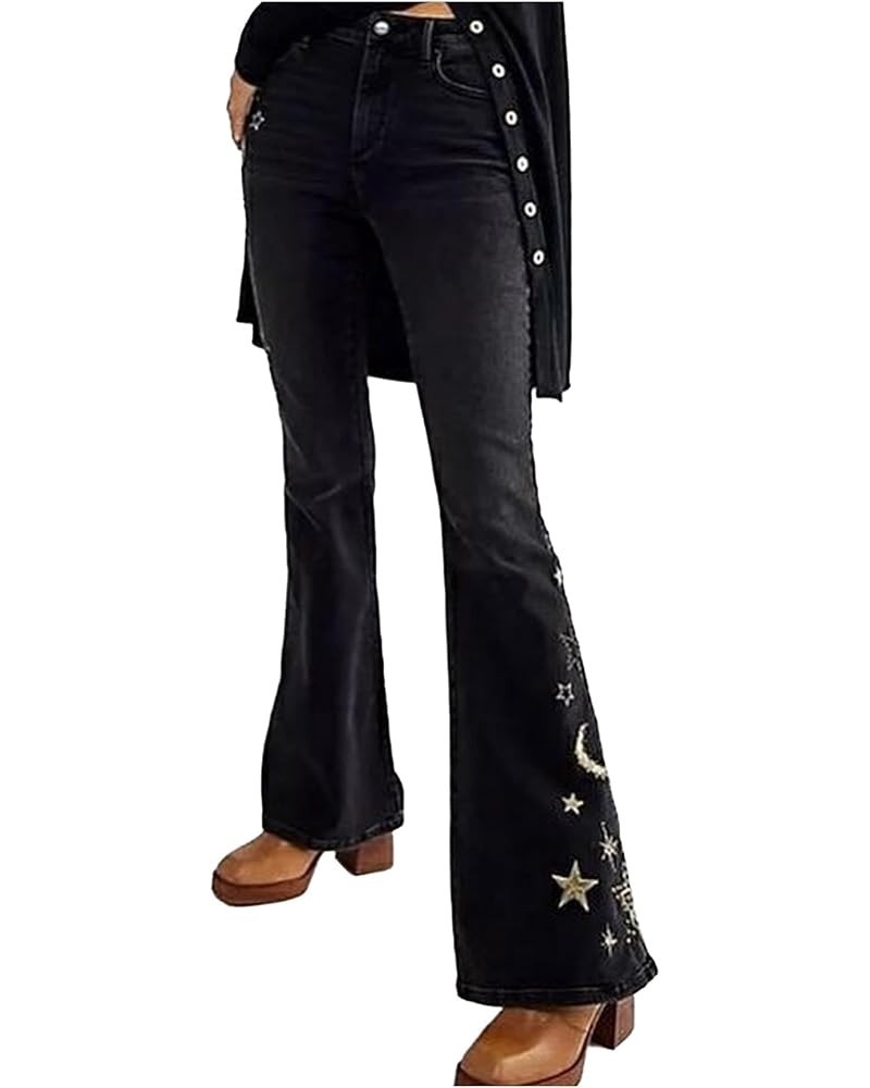 Women's Star Flared Jeans Y2K Pants Mid Waist Long Denim Bell Bottom Jeans Star Embroidered Bootcut Pants Black $18.14 Jeans