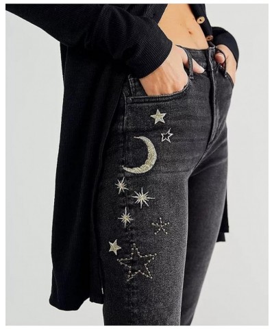 Women's Star Flared Jeans Y2K Pants Mid Waist Long Denim Bell Bottom Jeans Star Embroidered Bootcut Pants Black $18.14 Jeans