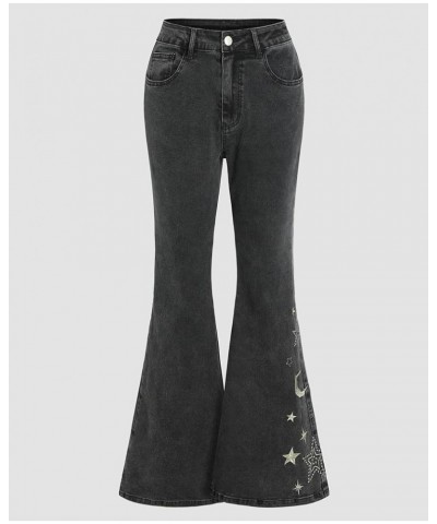 Women's Star Flared Jeans Y2K Pants Mid Waist Long Denim Bell Bottom Jeans Star Embroidered Bootcut Pants Black $18.14 Jeans